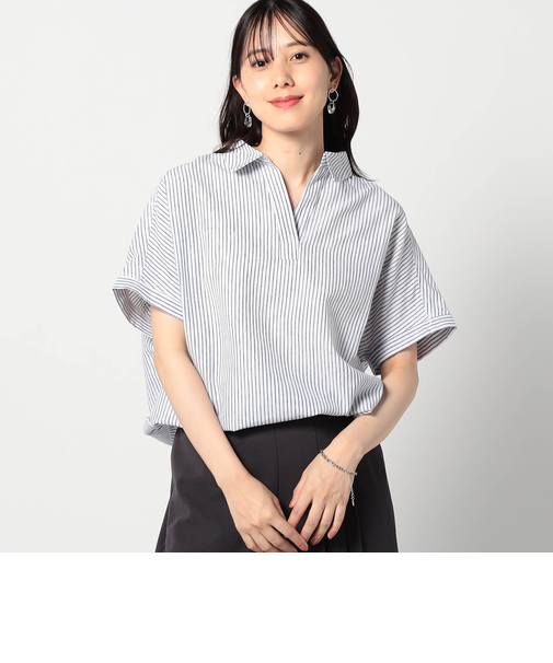 爽やか吸水速乾リネン　 襟付きキーネックシャツ/ストライプ