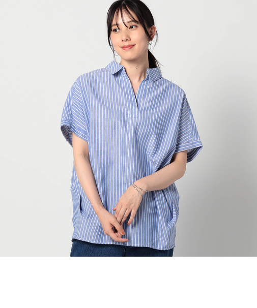 爽やか吸水速乾リネン　 襟付きキーネックシャツ/ストライプ