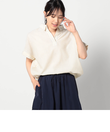 爽やか吸水速乾リネン　 襟付きキーネックシャツ/ストライプ