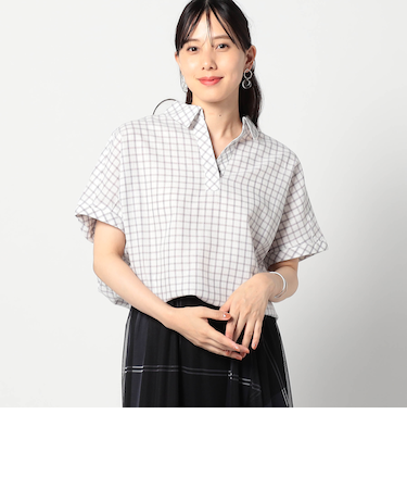 爽やか吸水速乾リネン　襟付きキーネックシャツ/チェック柄