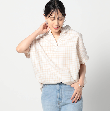 爽やか吸水速乾リネン　襟付きキーネックシャツ/チェック柄