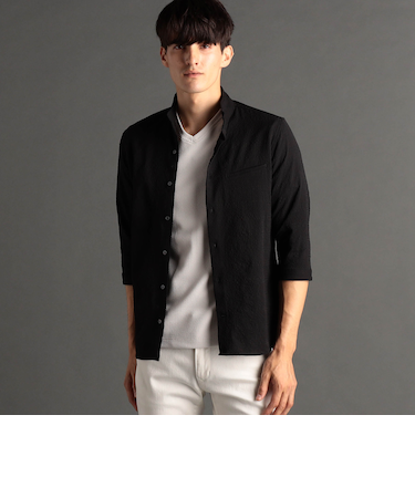 グレンチェックサッカー スタンドカラー7分袖シャツ