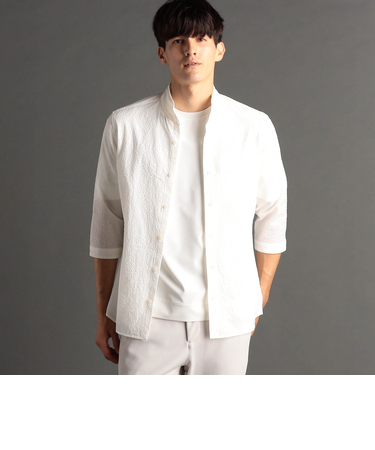 グレンチェックサッカー スタンドカラー7分袖シャツ