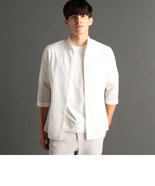 グレンチェックサッカー スタンドカラー7分袖シャツ