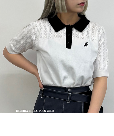 【BEVERLY HILLS POLO CLUB】透かし編みニットポロシャツ