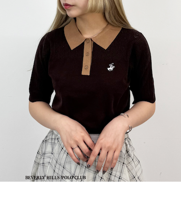 【BEVERLY HILLS POLO CLUB】透かし編みニットポロシャツ