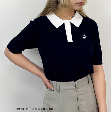 【BEVERLY HILLS POLO CLUB】透かし編みニットポロシャツ