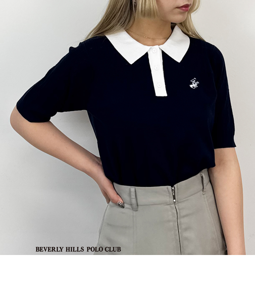 【BEVERLY HILLS POLO CLUB】透かし編みニットポロシャツ