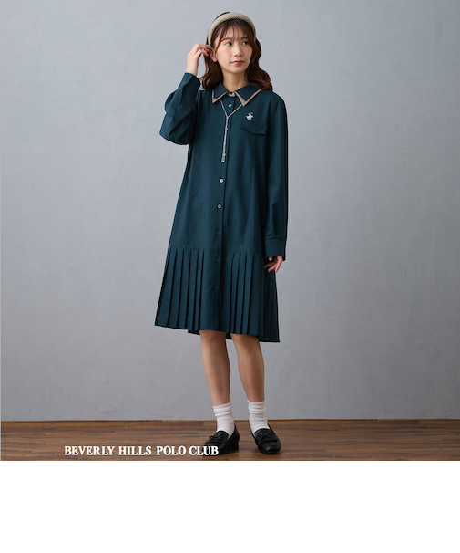 【BEVERLY HILLS POLO CLUB】ダブルカラープリーツワンピース
