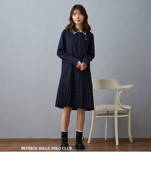 【BEVERLY HILLS POLO CLUB】ダブルカラープリーツワンピース