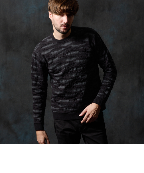 カモフラブリスタージャカードクルーネックニット