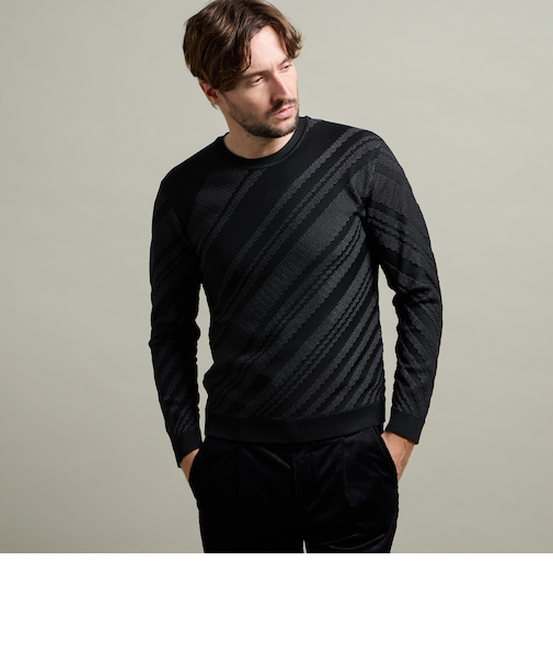 【HIDEAWAYS BLACK】バイアスリンクスジャカードクルーネックニット