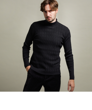 【HIDEAWAYS BLACK】バスケットジャカードタートルネックニット