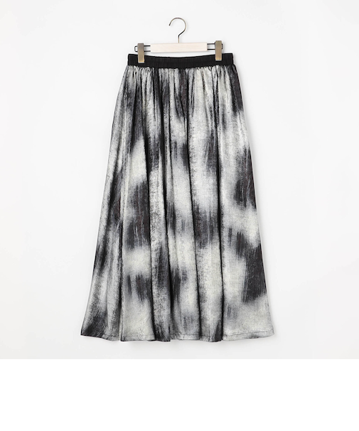 【WALDO】ウエストゴムムラ染め光沢プリントギャザーフレアースカート