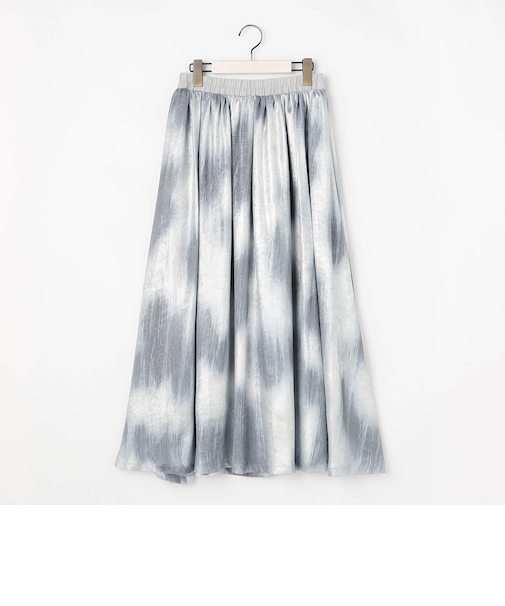 【WALDO】ウエストゴムムラ染め光沢プリントギャザーフレアースカート
