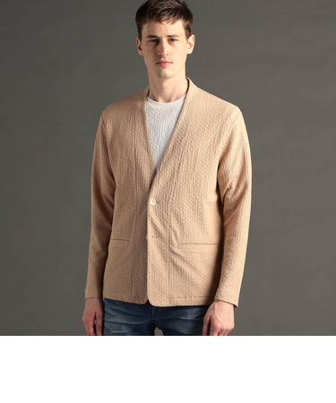 グラフィックジャカード ノーカラーニットジャケット