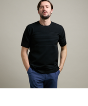 【HIDEAWAYS BLACK】切り替えタックボーダー半袖ニット