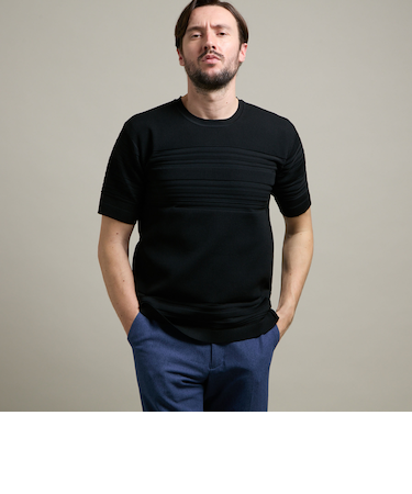 【HIDEAWAYS BLACK】切り替えタックボーダー半袖ニット