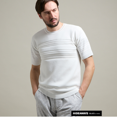 【HIDEAWAYS BLACK】切り替えタックボーダー半袖ニット