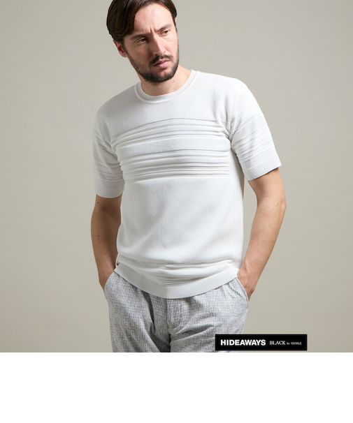 【HIDEAWAYS BLACK】切り替えタックボーダー半袖ニット