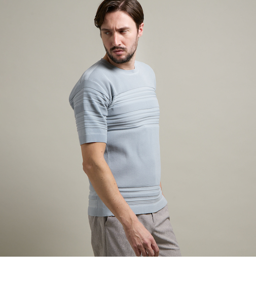 【HIDEAWAYS BLACK】切り替えタックボーダー半袖ニット