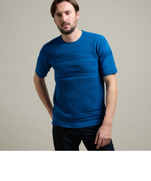 【HIDEAWAYS BLACK】切り替えタックボーダー半袖ニット