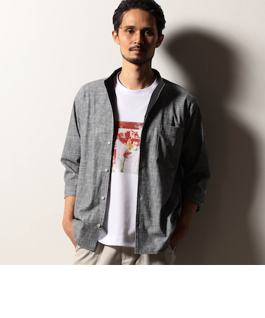 【RIELABO】カスレプリント ７分袖スタンドカラーシャツ