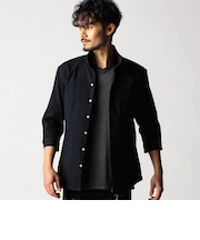 リバーシブルドビー ７分袖スタンドカラーシャツ