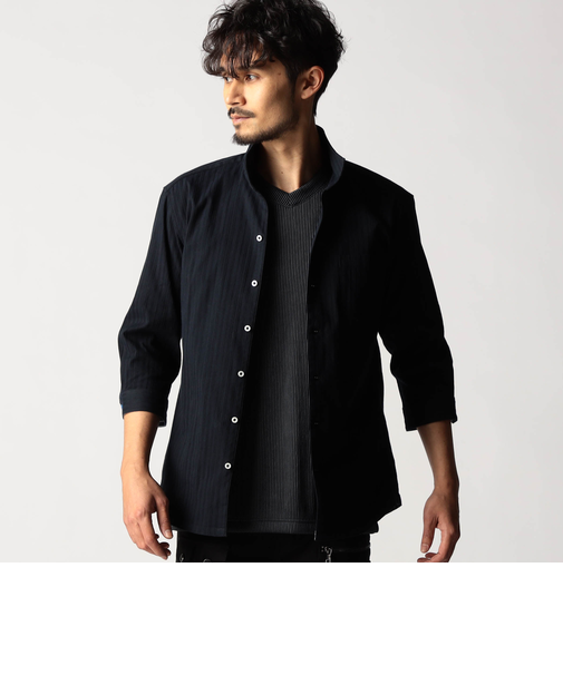 リバーシブルドビー ７分袖スタンドカラーシャツ