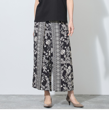 【WALDO】ウエストゴムパネル柄フラワープリント巻き風パンツ