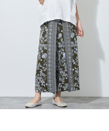 【WALDO】ウエストゴムパネル柄フラワープリント巻き風パンツ