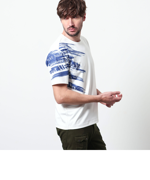 バイヤスハケメロゴプリント クルーネック半袖Tシャツ