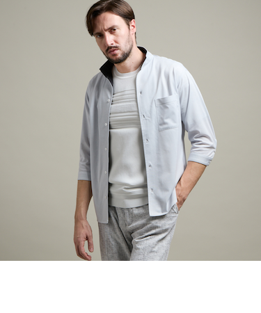 【HIDEAWAYS BLACK】カスレプリント ７分袖スタンドカラーシャツ