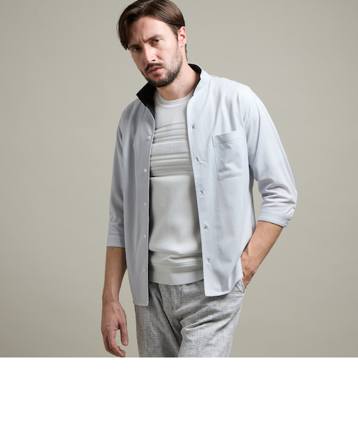 【HIDEAWAYS BLACK】カスレプリント ７分袖スタンドカラーシャツ