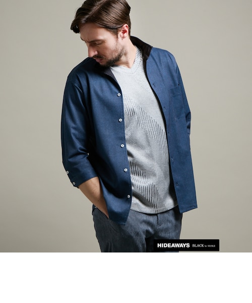 HIDEAWAYS BLACK】カスレプリント 7分袖スタンドカラーシャツ｜ニコル