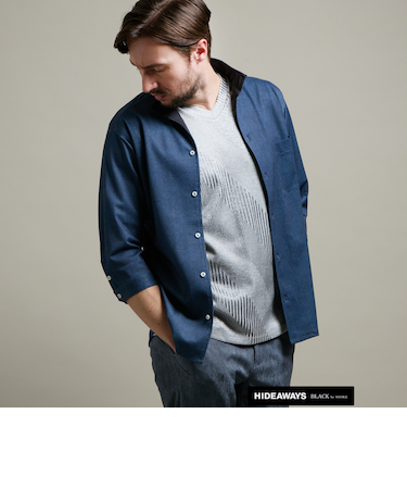 【HIDEAWAYS BLACK】カスレプリント ７分袖スタンドカラーシャツ