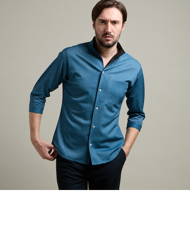 【HIDEAWAYS BLACK】カスレプリント ７分袖スタンドカラーシャツ