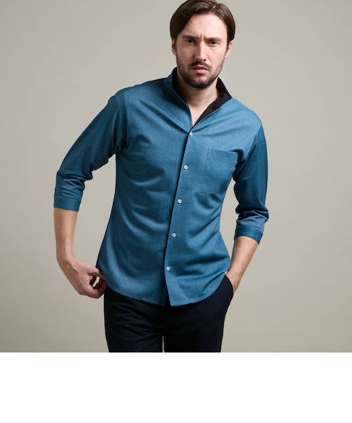 【HIDEAWAYS BLACK】カスレプリント ７分袖スタンドカラーシャツ