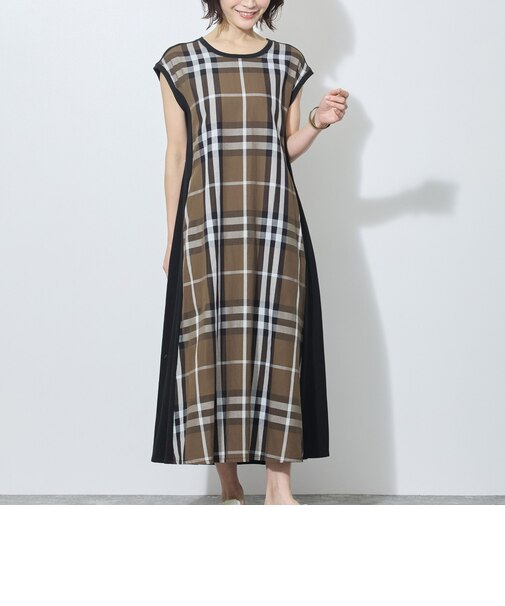 チェック柄異素材切替えカットワンピース