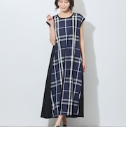 チェック柄異素材切替えカットワンピース