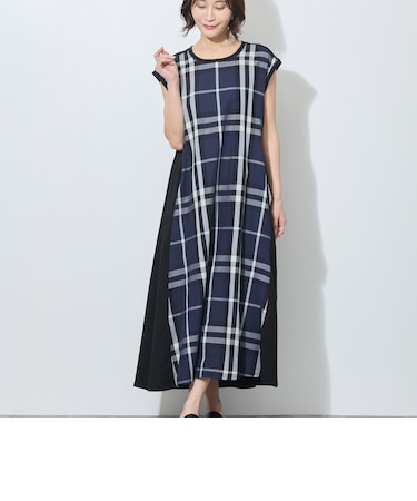 チェック柄異素材切替えカットワンピース