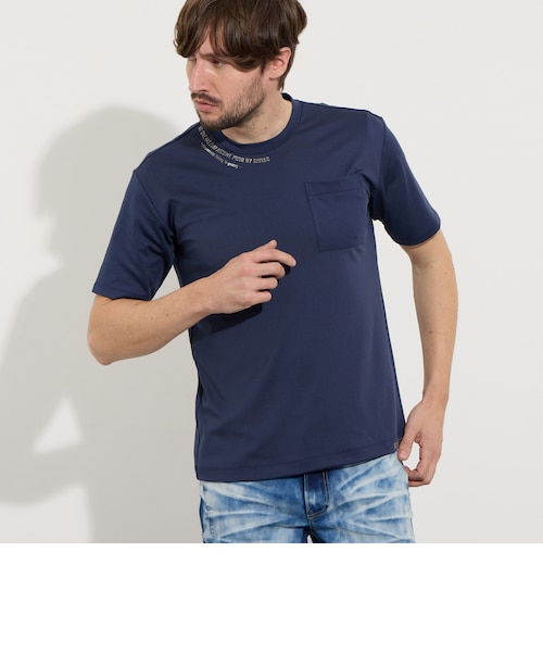 青いストライプVネックTシャツ サッカ−ストライプVネックTシャツ