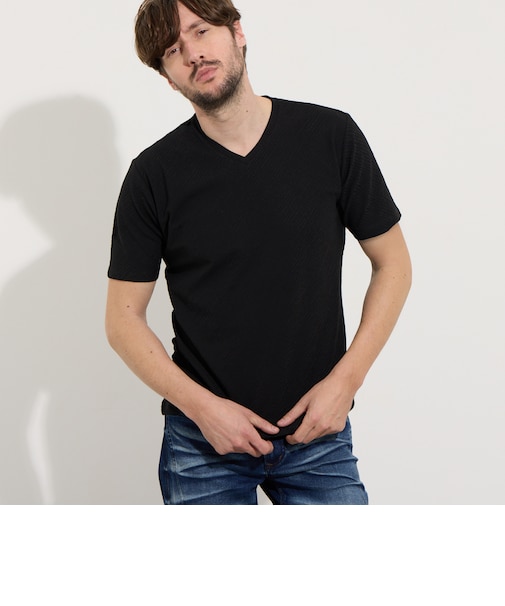 バーク風バイヤスジャカードVネック半袖プルオーバー