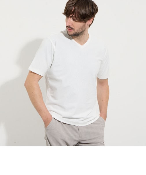 バーク風バイヤスジャカードVネック半袖プルオーバー