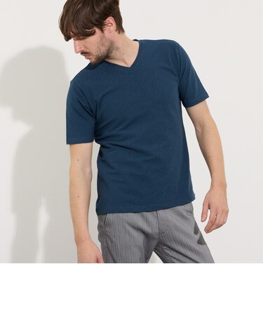 バーク風バイヤスジャカードVネック半袖プルオーバー