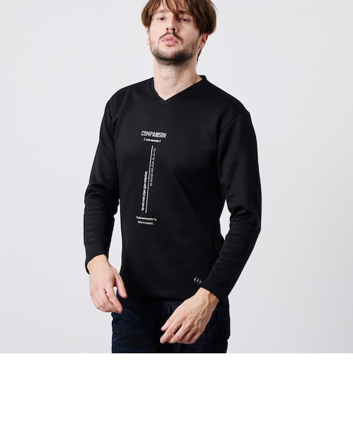ストレッチポンチジェルプリントVネック長袖Tシャツ