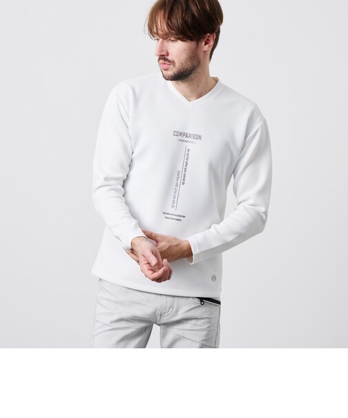 ストレッチポンチジェルプリントVネック長袖Tシャツ