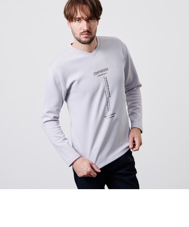 ストレッチポンチジェルプリントVネック長袖Tシャツ
