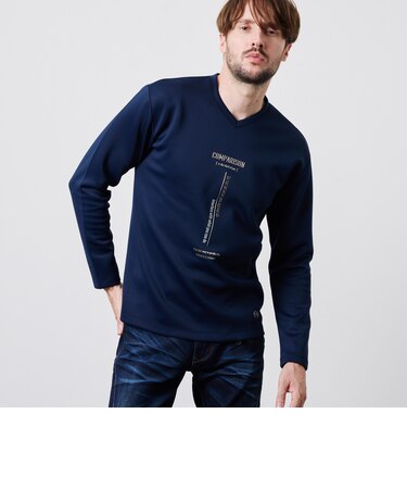 ストレッチポンチジェルプリントVネック長袖Tシャツ