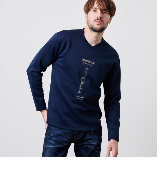 ストレッチポンチジェルプリントVネック長袖Tシャツ